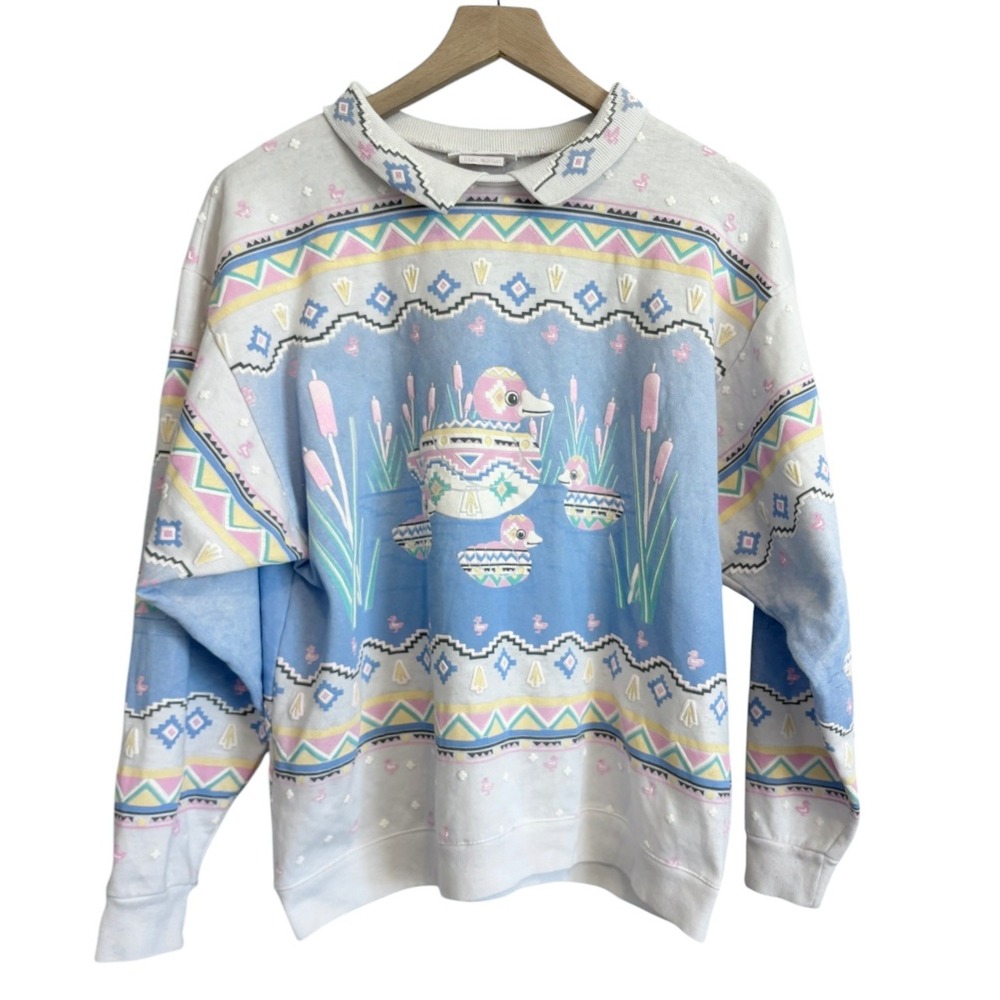 Vintage Spumoni 90s Sweatshirt Sz Medium Duck Graphic Collared Pastel Puff Paint